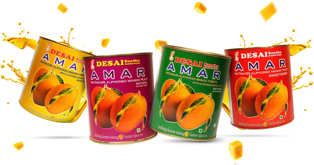 The Amar range of Ratnagiri Alphonso mango pulp and tidbits tins
